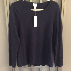 NWT Chicos Navy classic crewneck sweater with gold button detail. Size Chicos 1